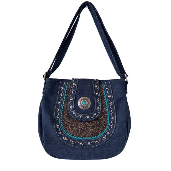 Canyon Sky Womens Denim Crossbody Bag With Turquoise Embellishment - Picture 2 of 12